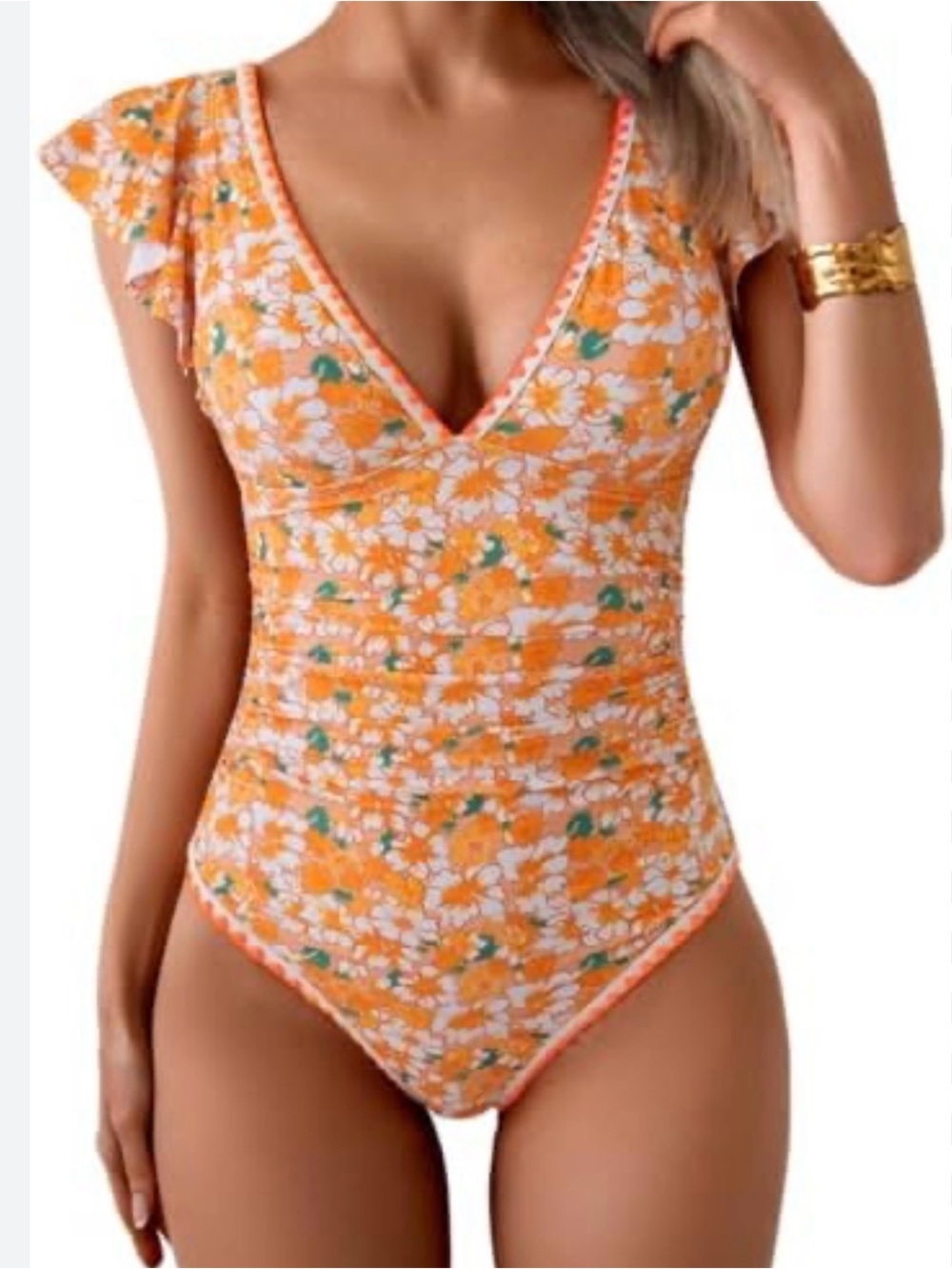 Floral Orange V-Neck One-Piece Swimsuit tummy control